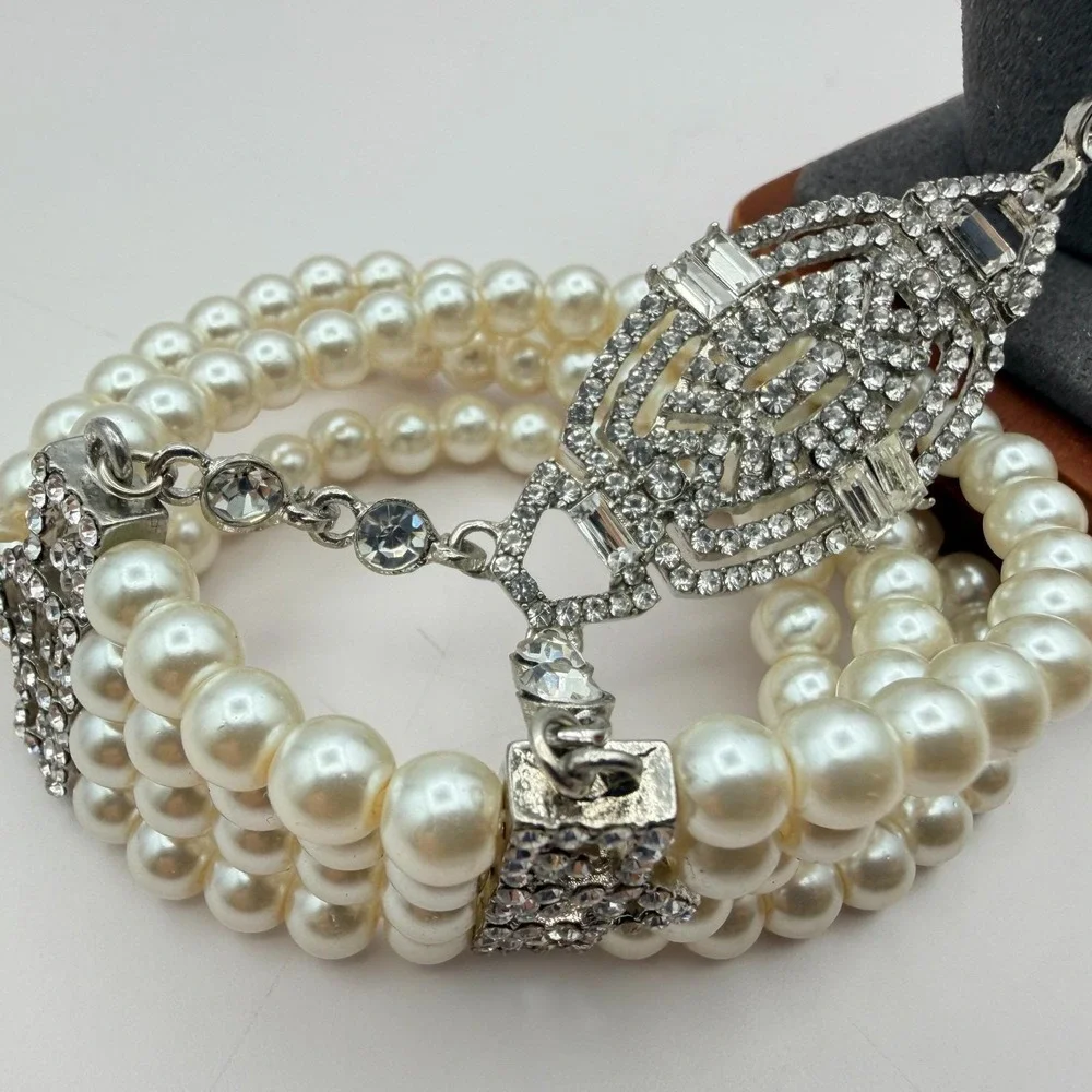 Vintage 50s Style Triple Row Faux Pearl Rhinestone Statement Bracelet Jewelry